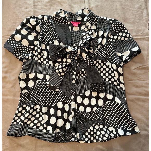 Sunny Leigh XL Button Down Black & White Polka Dot Blouse with Bow Detail - Picture 2 of 7